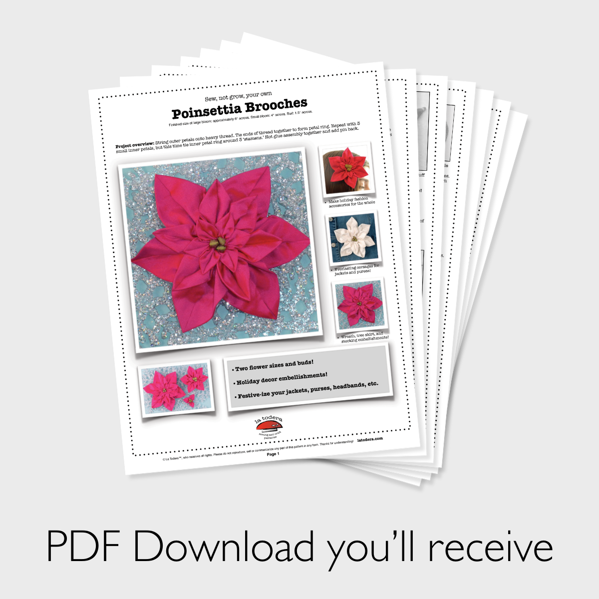 DIY Fabric Flower Poinsettia Brooch Tutorial - PDF Sewing Pattern